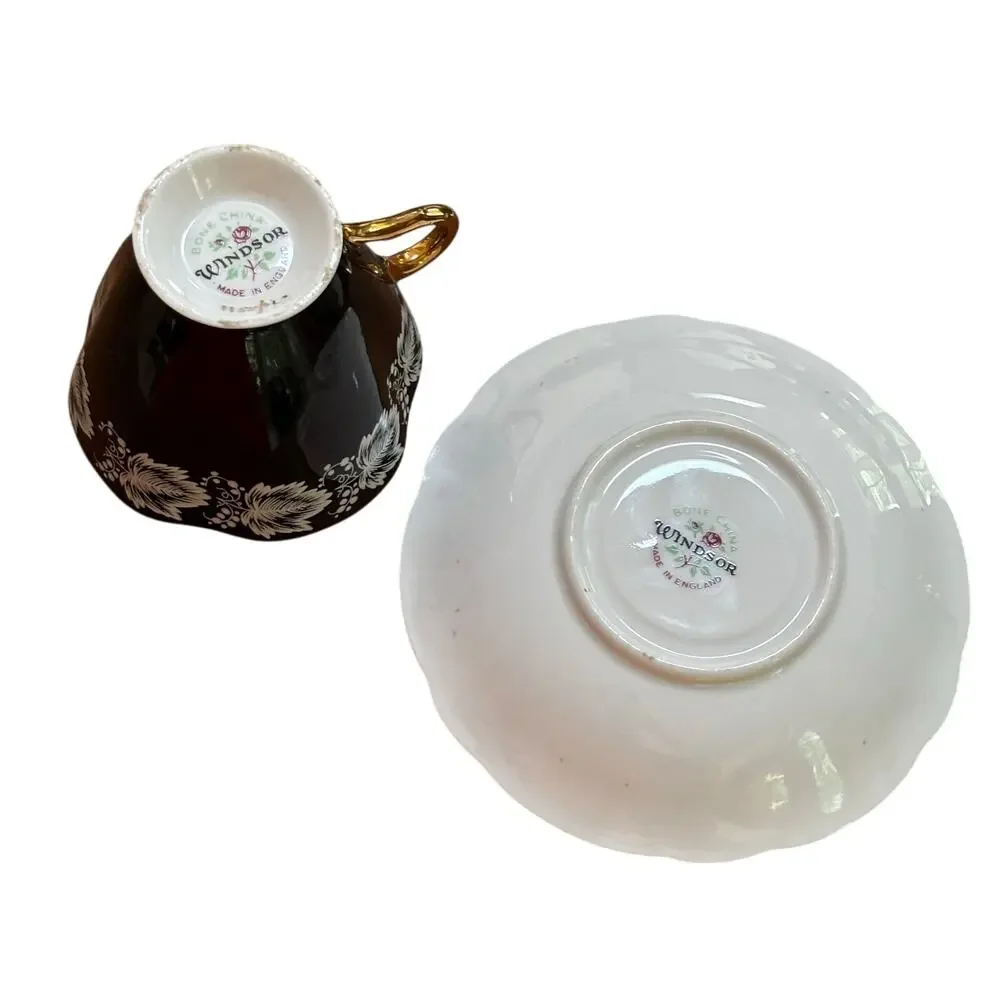 Vintage Windsor teacup & saucer set black & gold trim bone china Made in England
